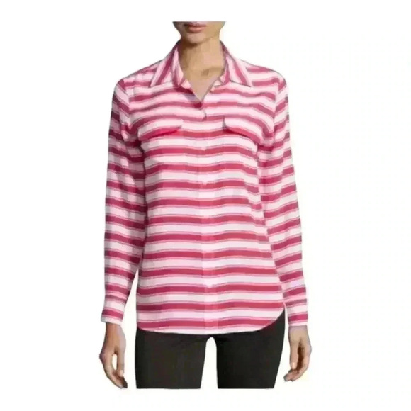 EQUIPMENT Red Striped Slim Signature Silk Button Down Long Sleeve Shirt M - Picture 1 of 8